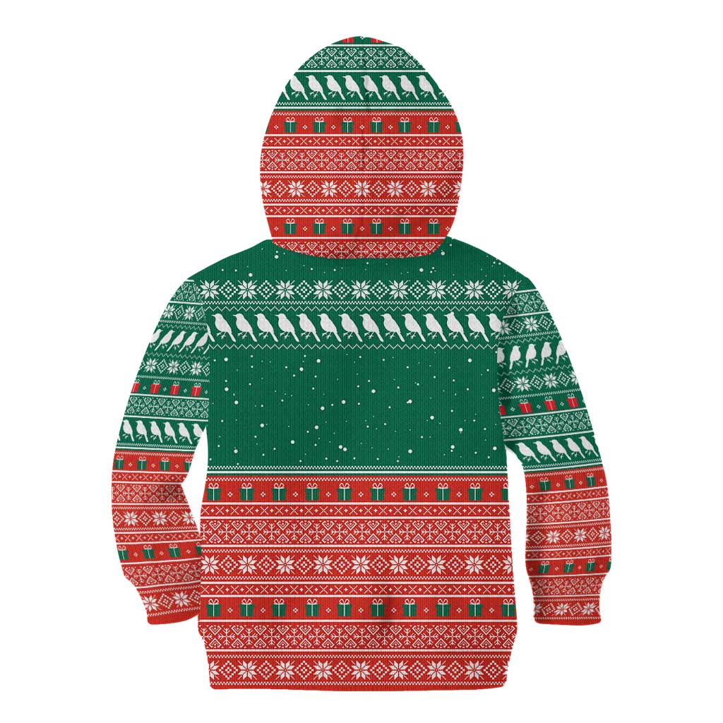 Bangladesh Christmas Kid Hoodie with Black-Capped Bird Gift Stack and Green Red Snowflake Pattern - Wonder Print Shop