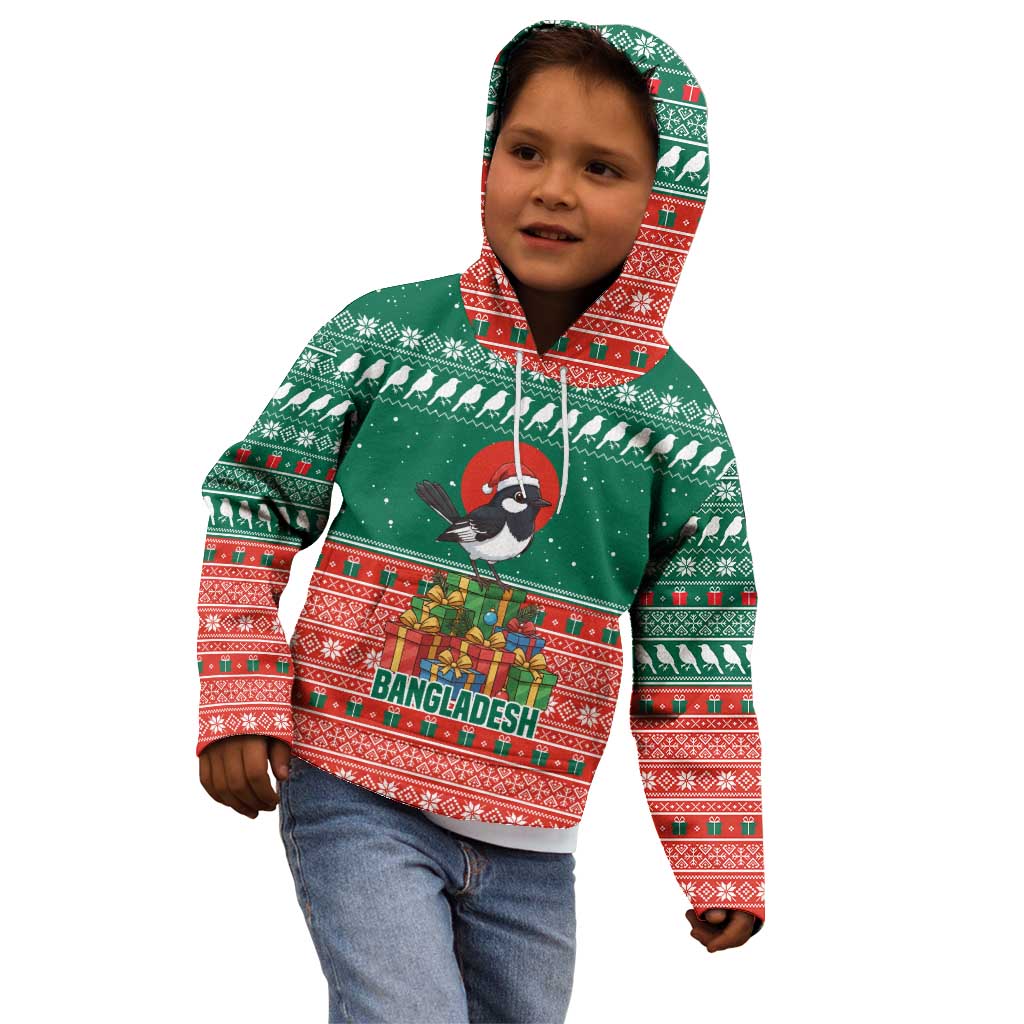 Bangladesh Christmas Kid Hoodie with Black-Capped Bird Gift Stack and Green Red Snowflake Pattern - Wonder Print Shop