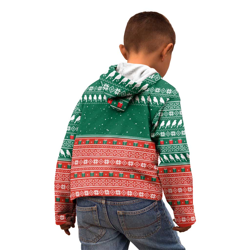 Bangladesh Christmas Kid Hoodie with Black-Capped Bird Gift Stack and Green Red Snowflake Pattern - Wonder Print Shop