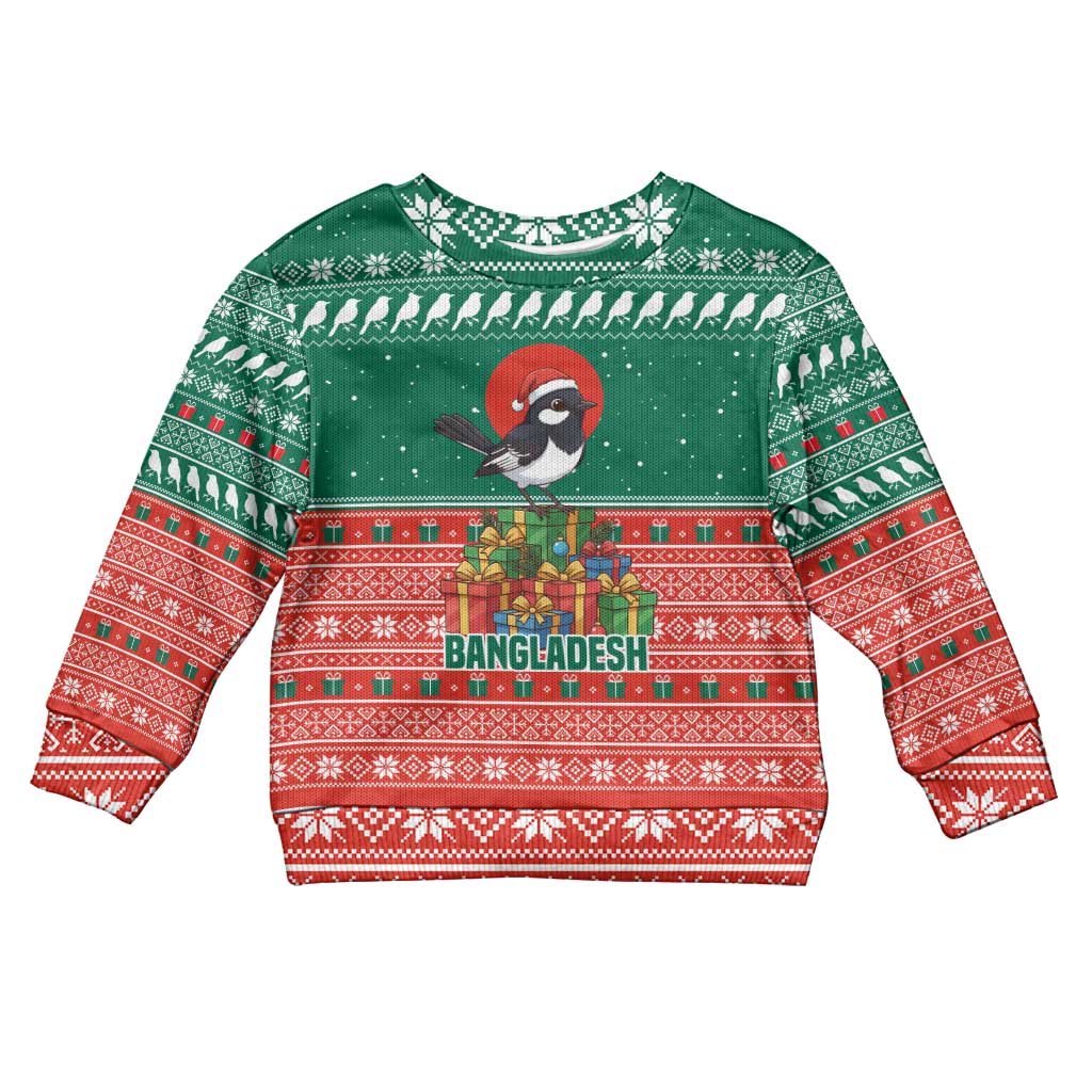 Bangladesh Christmas Kid Ugly Christmas Sweater with Black-Capped Bird Gift Stack and Green Red Snowflake Pattern - Wonder Print Shop