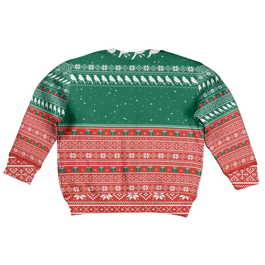 Bangladesh Christmas Kid Ugly Christmas Sweater with Black-Capped Bird Gift Stack and Green Red Snowflake Pattern - Wonder Print Shop
