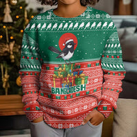 Bangladesh Christmas Kid Ugly Christmas Sweater with Black-Capped Bird Gift Stack and Green Red Snowflake Pattern - Wonder Print Shop