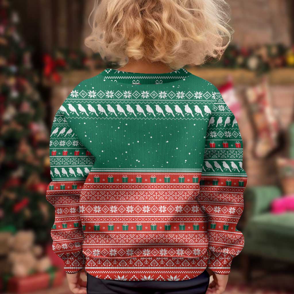 Bangladesh Christmas Kid Ugly Christmas Sweater with Black-Capped Bird Gift Stack and Green Red Snowflake Pattern - Wonder Print Shop