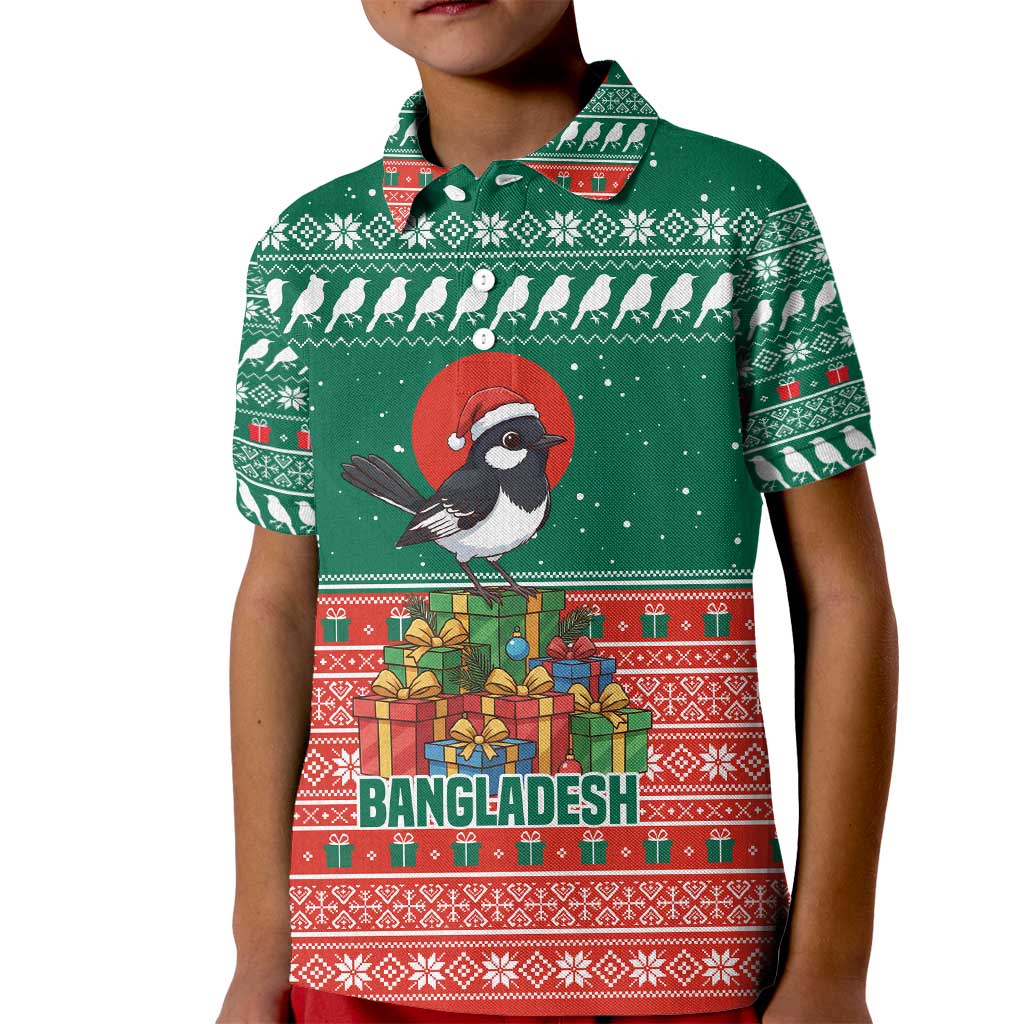 Bangladesh Christmas Kid Polo Shirt with Black-Capped Bird Gift Stack and Green Red Snowflake Pattern - Wonder Print Shop