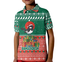 Bangladesh Christmas Kid Polo Shirt with Black-Capped Bird Gift Stack and Green Red Snowflake Pattern - Wonder Print Shop