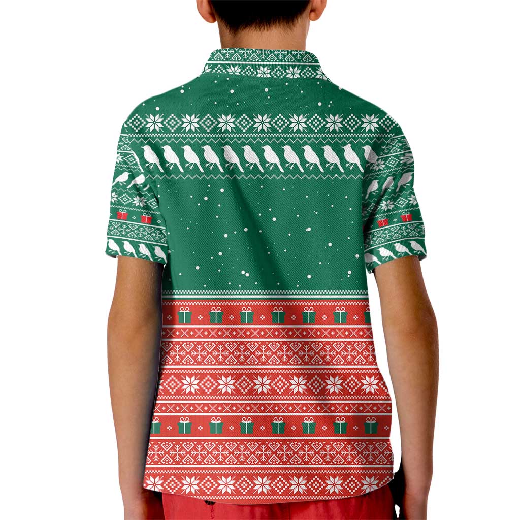 Bangladesh Christmas Kid Polo Shirt with Black-Capped Bird Gift Stack and Green Red Snowflake Pattern - Wonder Print Shop