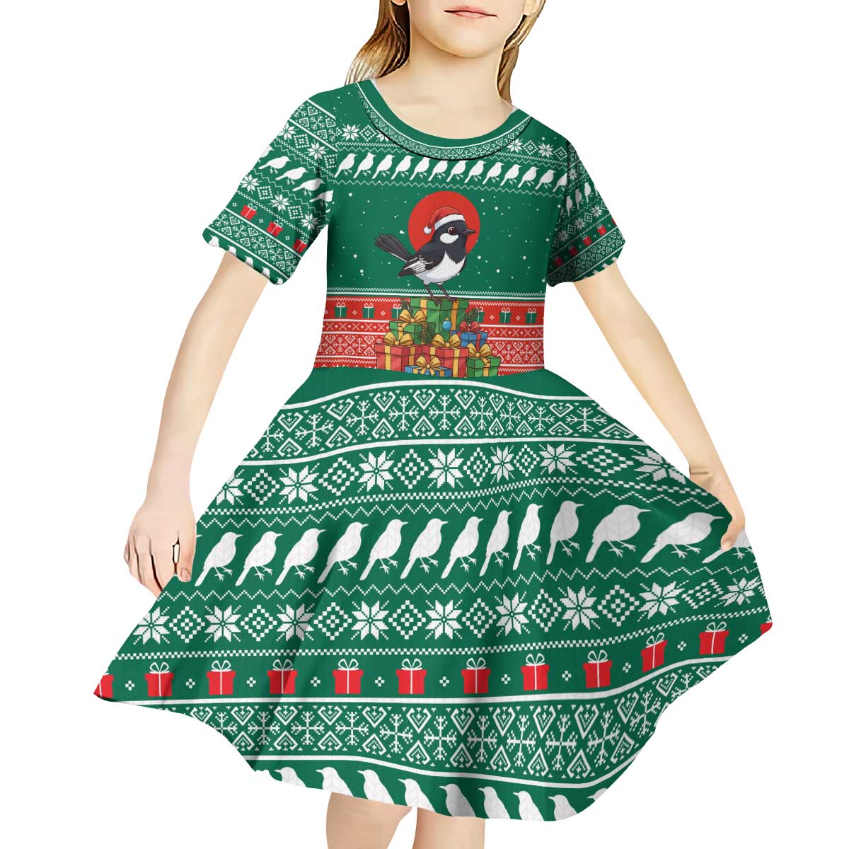 Bangladesh Christmas Kid Short Sleeve Dress with Black-Capped Bird Gift Stack and Green Red Snowflake Pattern - Wonder Print Shop