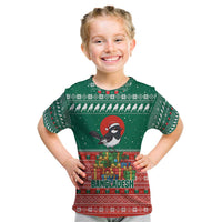 Bangladesh Christmas Kid T Shirt with Black-Capped Bird Gift Stack and Green Red Snowflake Pattern - Wonder Print Shop