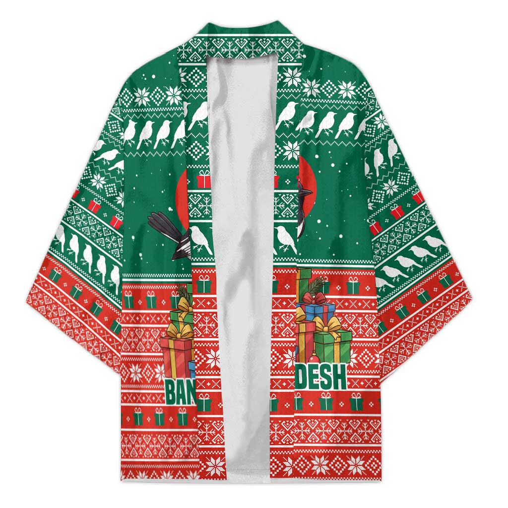 Bangladesh Christmas Kimono with Black-Capped Bird Gift Stack and Green Red Snowflake Pattern - Wonder Print Shop