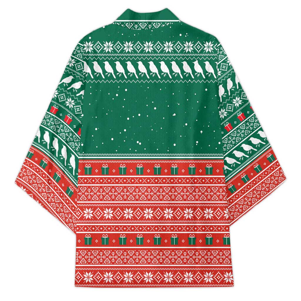 Bangladesh Christmas Kimono with Black-Capped Bird Gift Stack and Green Red Snowflake Pattern - Wonder Print Shop