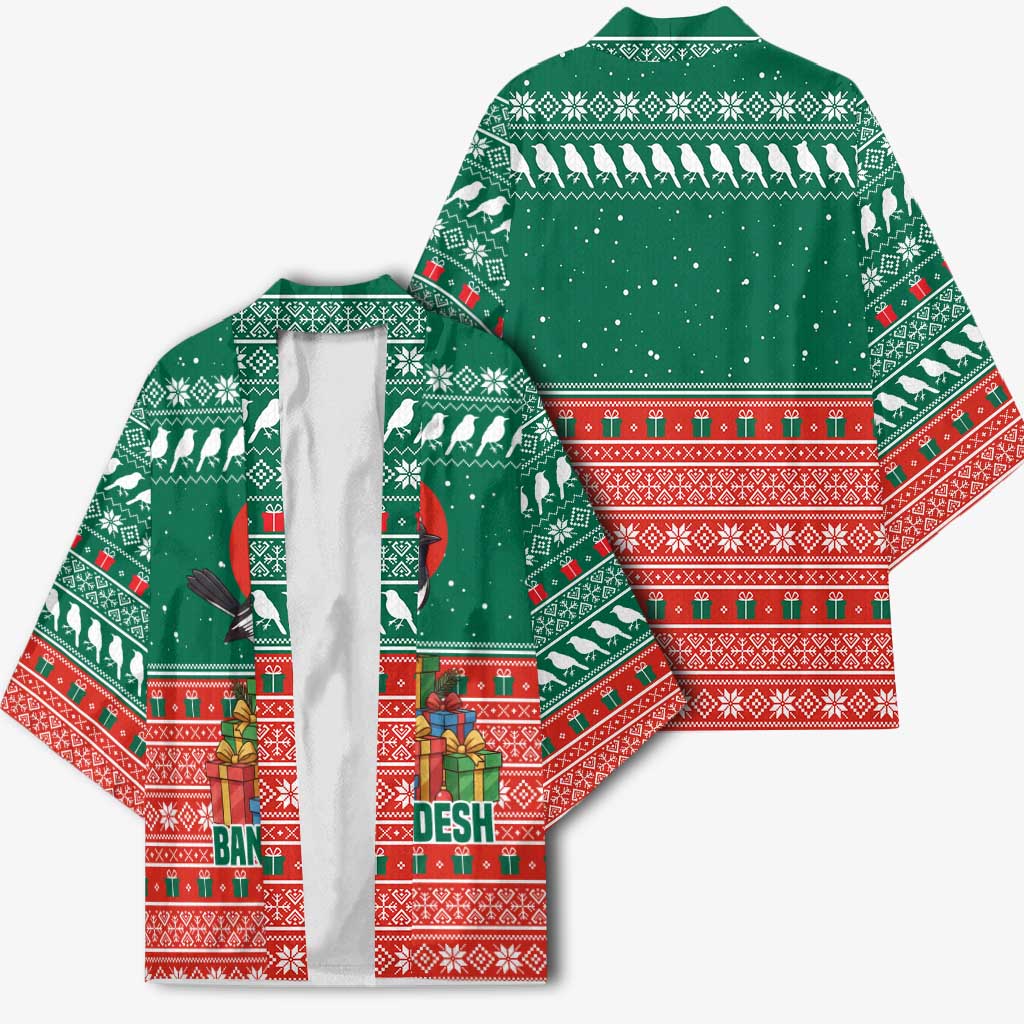 Bangladesh Christmas Kimono with Black-Capped Bird Gift Stack and Green Red Snowflake Pattern - Wonder Print Shop