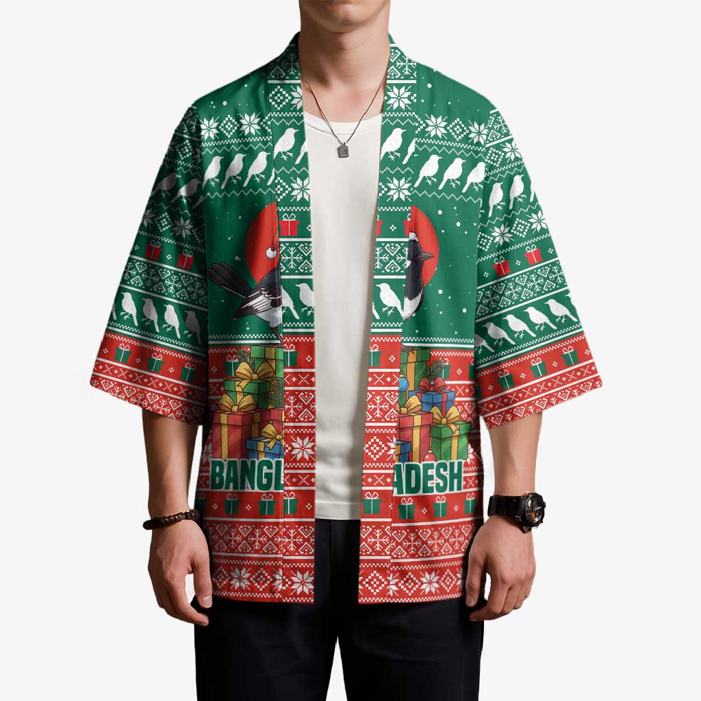 Bangladesh Christmas Kimono with Black-Capped Bird Gift Stack and Green Red Snowflake Pattern - Wonder Print Shop