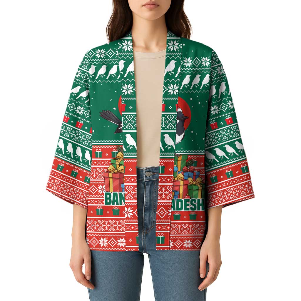 Bangladesh Christmas Kimono with Black-Capped Bird Gift Stack and Green Red Snowflake Pattern - Wonder Print Shop