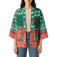 Bangladesh Christmas Kimono with Black-Capped Bird Gift Stack and Green Red Snowflake Pattern - Wonder Print Shop
