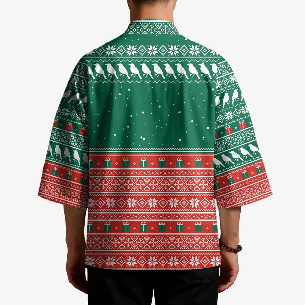 Bangladesh Christmas Kimono with Black-Capped Bird Gift Stack and Green Red Snowflake Pattern - Wonder Print Shop