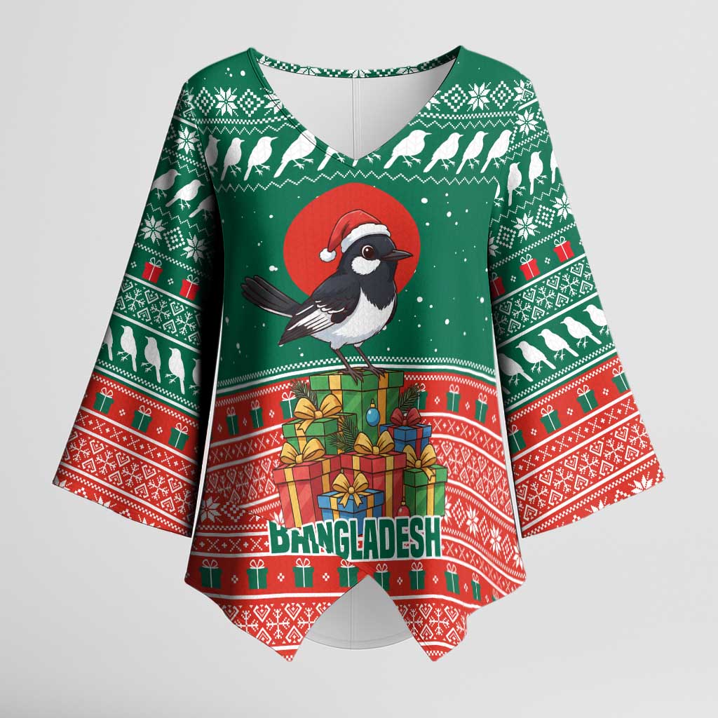 Bangladesh Christmas Kimono Sleeve Blouse with Black-Capped Bird Gift Stack and Green Red Snowflake Pattern - Wonder Print Shop