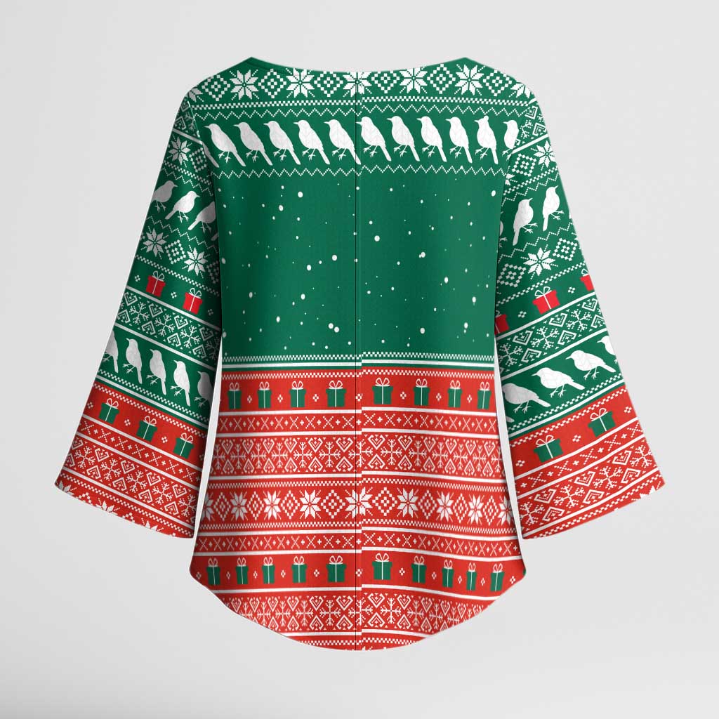 Bangladesh Christmas Kimono Sleeve Blouse with Black-Capped Bird Gift Stack and Green Red Snowflake Pattern - Wonder Print Shop