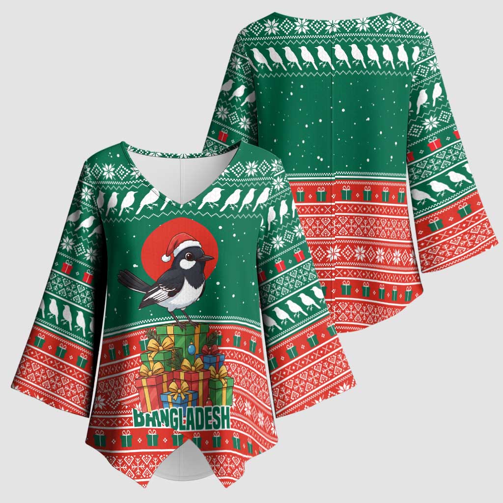 Bangladesh Christmas Kimono Sleeve Blouse with Black-Capped Bird Gift Stack and Green Red Snowflake Pattern - Wonder Print Shop