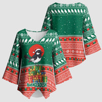 Bangladesh Christmas Kimono Sleeve Blouse with Black-Capped Bird Gift Stack and Green Red Snowflake Pattern - Wonder Print Shop
