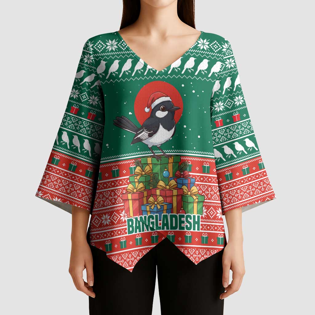 Bangladesh Christmas Kimono Sleeve Blouse with Black-Capped Bird Gift Stack and Green Red Snowflake Pattern - Wonder Print Shop