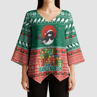 Bangladesh Christmas Kimono Sleeve Blouse with Black-Capped Bird Gift Stack and Green Red Snowflake Pattern - Wonder Print Shop