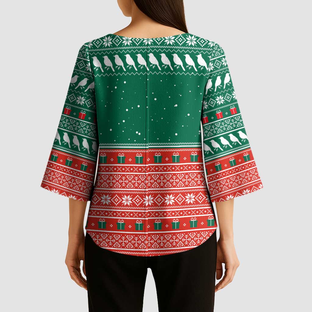 Bangladesh Christmas Kimono Sleeve Blouse with Black-Capped Bird Gift Stack and Green Red Snowflake Pattern - Wonder Print Shop