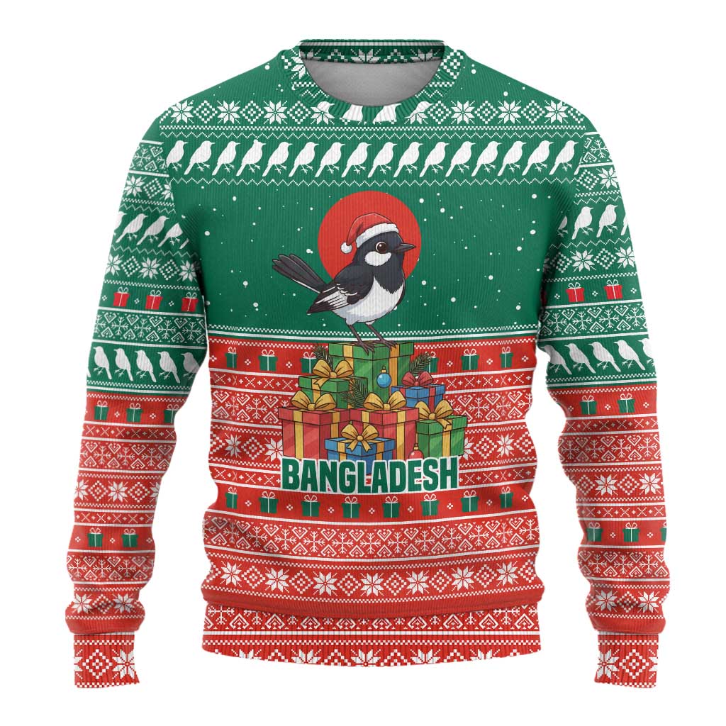 Bangladesh Christmas Ugly Christmas Sweater with Black-Capped Bird Gift Stack and Green Red Snowflake Pattern - Wonder Print Shop