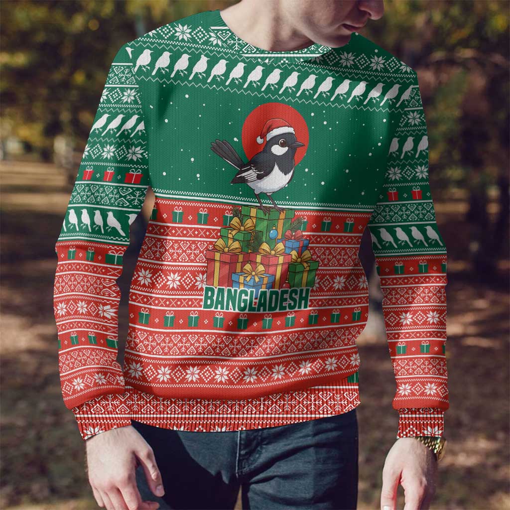 Bangladesh Christmas Ugly Christmas Sweater with Black-Capped Bird Gift Stack and Green Red Snowflake Pattern - Wonder Print Shop