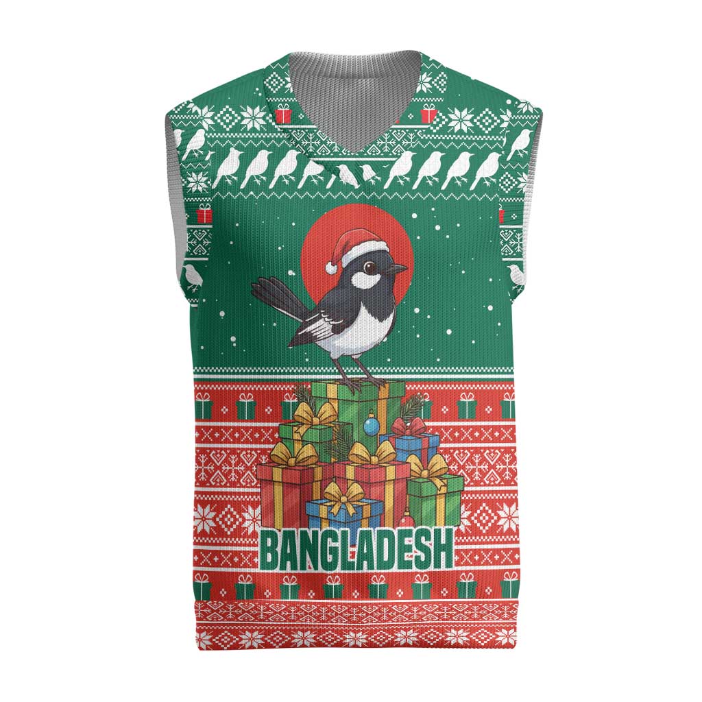 Bangladesh Christmas Knitted V-Neck Vest with Black-Capped Bird Gift Stack and Green Red Snowflake Pattern - Wonder Print Shop