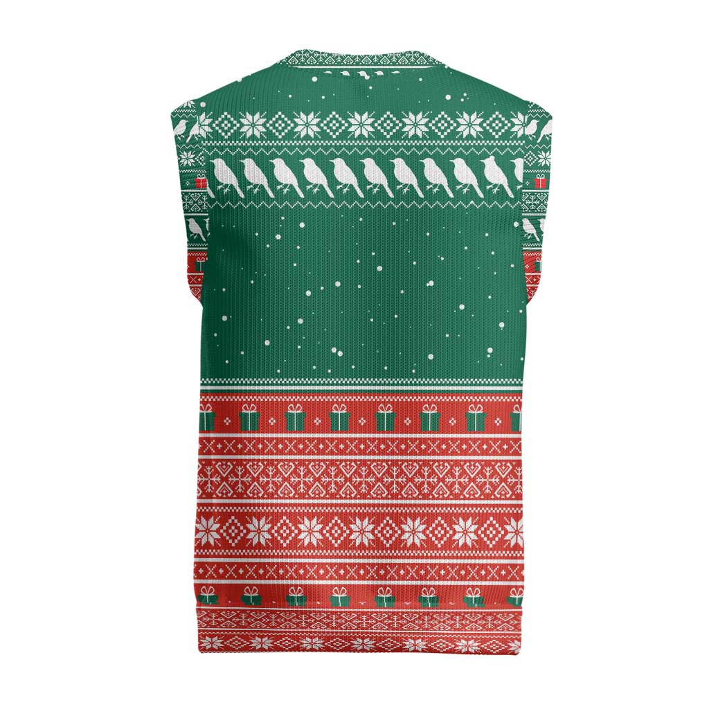 Bangladesh Christmas Knitted V-Neck Vest with Black-Capped Bird Gift Stack and Green Red Snowflake Pattern - Wonder Print Shop