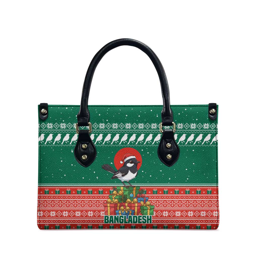 Bangladesh Christmas Leather Bag with Black-Capped Bird Gift Stack and Green Red Snowflake Pattern - Wonder Print Shop