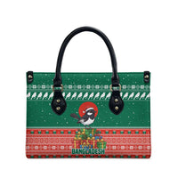 Bangladesh Christmas Leather Bag with Black-Capped Bird Gift Stack and Green Red Snowflake Pattern - Wonder Print Shop