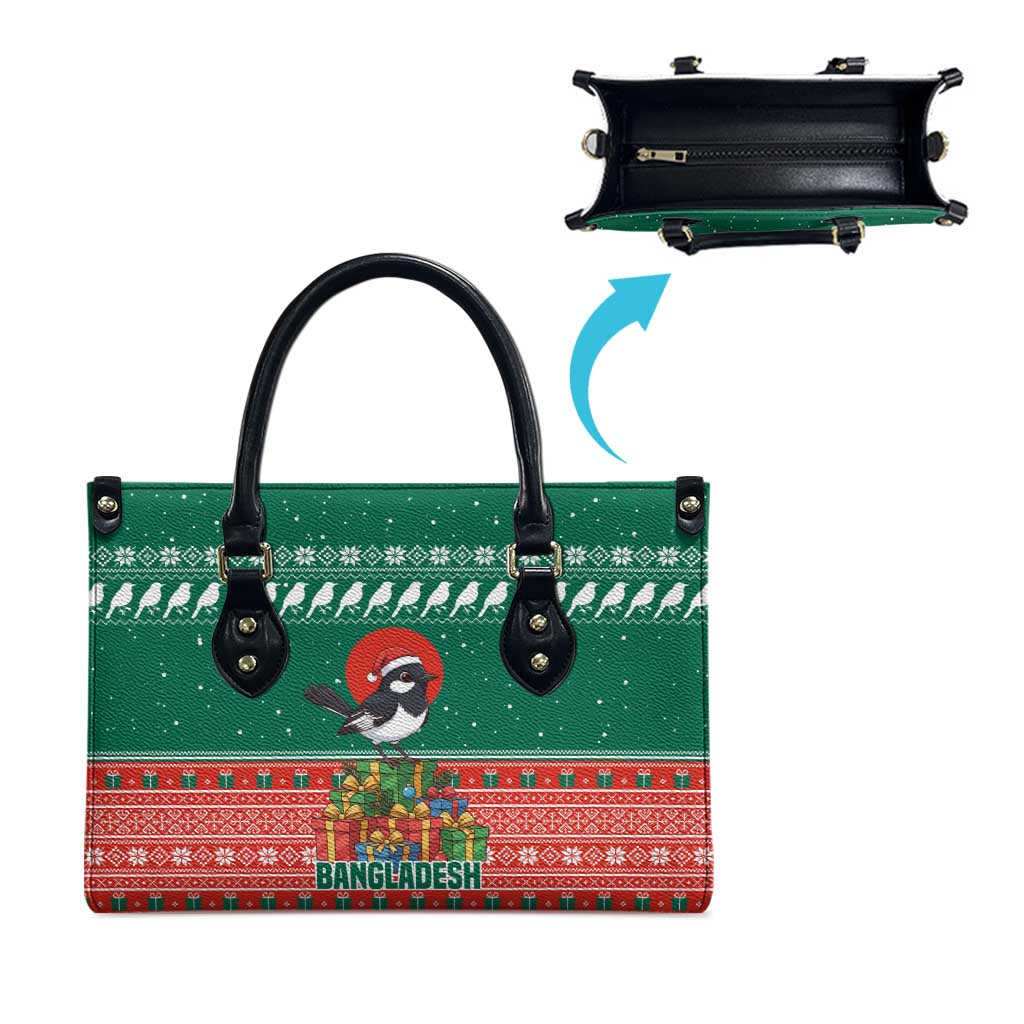 Bangladesh Christmas Leather Bag with Black-Capped Bird Gift Stack and Green Red Snowflake Pattern - Wonder Print Shop