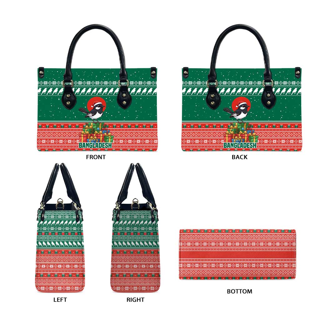 Bangladesh Christmas Leather Bag with Black-Capped Bird Gift Stack and Green Red Snowflake Pattern - Wonder Print Shop
