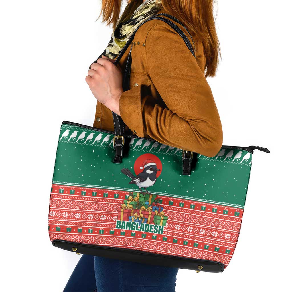 Bangladesh Christmas Leather Tote Bag with Black-Capped Bird Gift Stack and Green Red Snowflake Pattern - Wonder Print Shop