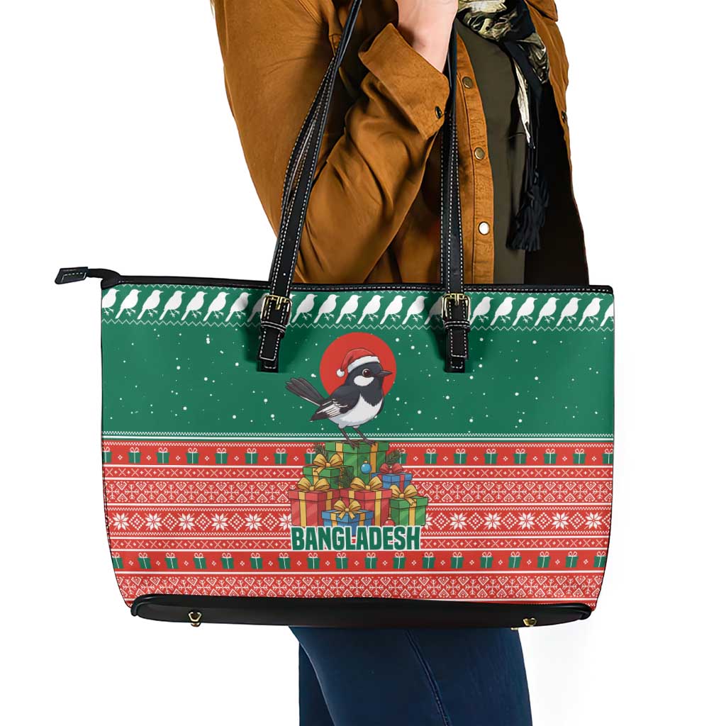 Bangladesh Christmas Leather Tote Bag with Black-Capped Bird Gift Stack and Green Red Snowflake Pattern - Wonder Print Shop