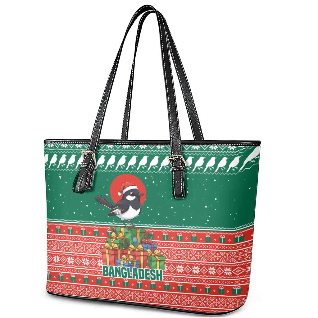 Bangladesh Christmas Leather Tote Bag with Black-Capped Bird Gift Stack and Green Red Snowflake Pattern - Wonder Print Shop