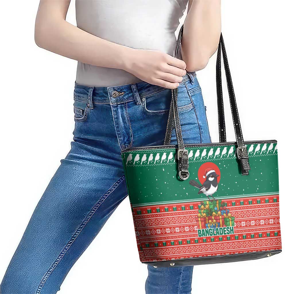 Bangladesh Christmas Leather Tote Bag with Black-Capped Bird Gift Stack and Green Red Snowflake Pattern - Wonder Print Shop