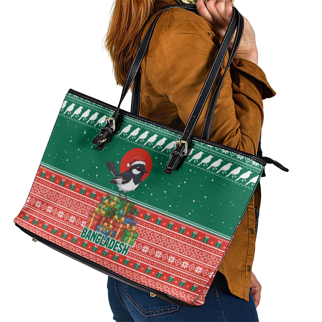 Bangladesh Christmas Leather Tote Bag with Black-Capped Bird Gift Stack and Green Red Snowflake Pattern - Wonder Print Shop