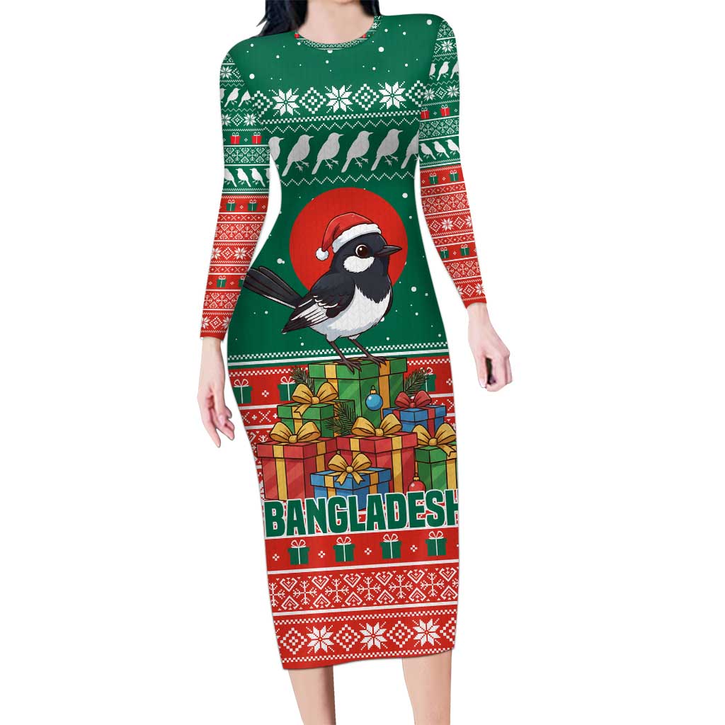 Bangladesh Christmas Long Sleeve Bodycon Dress with Black-Capped Bird Gift Stack and Green Red Snowflake Pattern - Wonder Print Shop