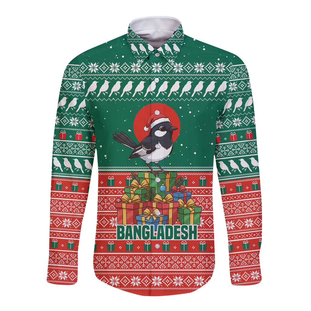 Bangladesh Christmas Long Sleeve Button Shirt with Black-Capped Bird Gift Stack and Green Red Snowflake Pattern - Wonder Print Shop