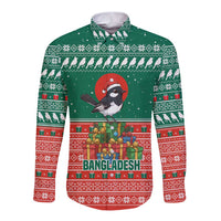 Bangladesh Christmas Long Sleeve Button Shirt with Black-Capped Bird Gift Stack and Green Red Snowflake Pattern - Wonder Print Shop