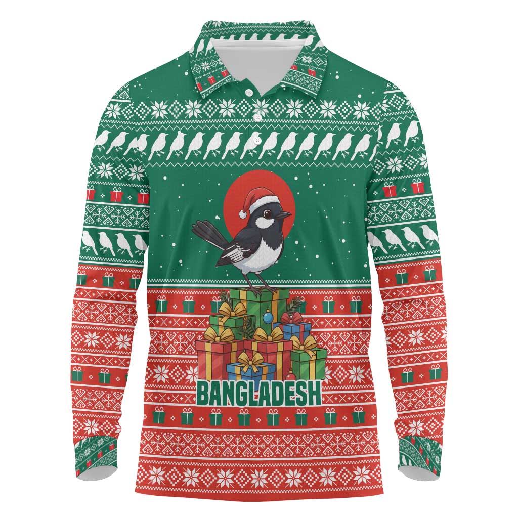 Bangladesh Christmas Long Sleeve Polo Shirt with Black-Capped Bird Gift Stack and Green Red Snowflake Pattern - Wonder Print Shop