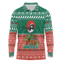 Bangladesh Christmas Long Sleeve Polo Shirt with Black-Capped Bird Gift Stack and Green Red Snowflake Pattern - Wonder Print Shop