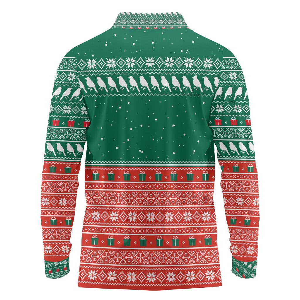 Bangladesh Christmas Long Sleeve Polo Shirt with Black-Capped Bird Gift Stack and Green Red Snowflake Pattern - Wonder Print Shop