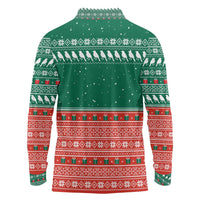 Bangladesh Christmas Long Sleeve Polo Shirt with Black-Capped Bird Gift Stack and Green Red Snowflake Pattern - Wonder Print Shop