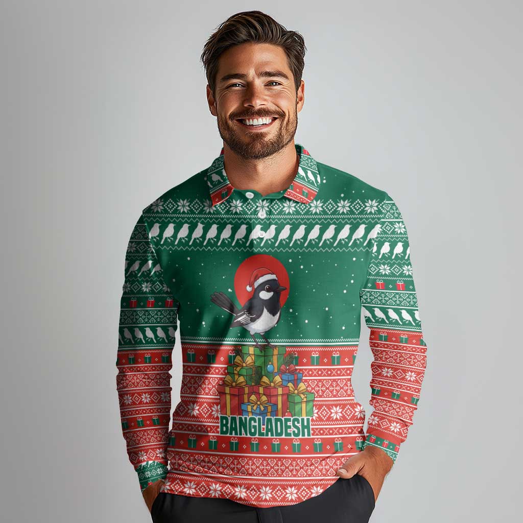 Bangladesh Christmas Long Sleeve Polo Shirt with Black-Capped Bird Gift Stack and Green Red Snowflake Pattern - Wonder Print Shop