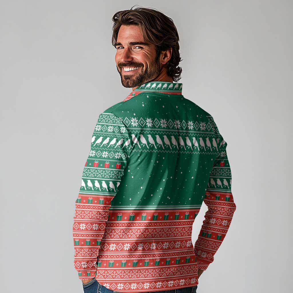 Bangladesh Christmas Long Sleeve Polo Shirt with Black-Capped Bird Gift Stack and Green Red Snowflake Pattern - Wonder Print Shop