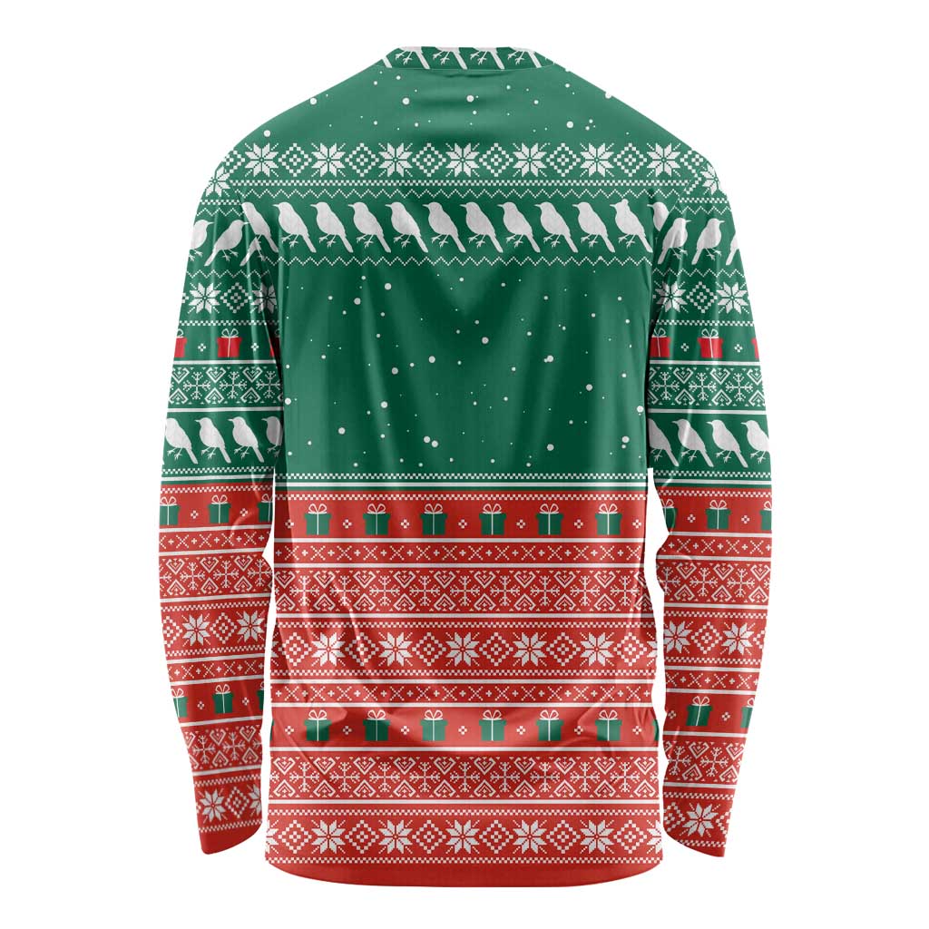 Bangladesh Christmas Long Sleeve Shirt with Black-Capped Bird Gift Stack and Green Red Snowflake Pattern - Wonder Print Shop