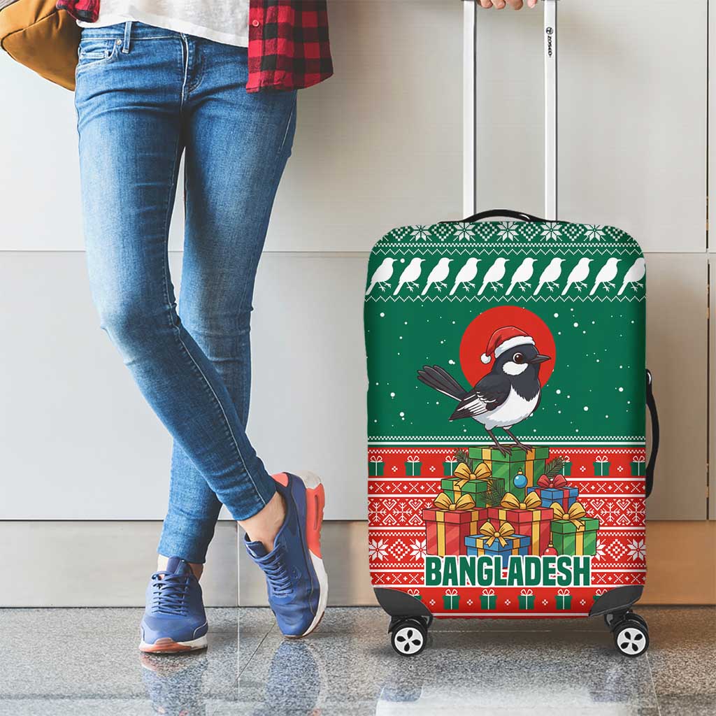 Bangladesh Christmas Luggage Cover with Black-Capped Bird Gift Stack and Green Red Snowflake Pattern - Wonder Print Shop